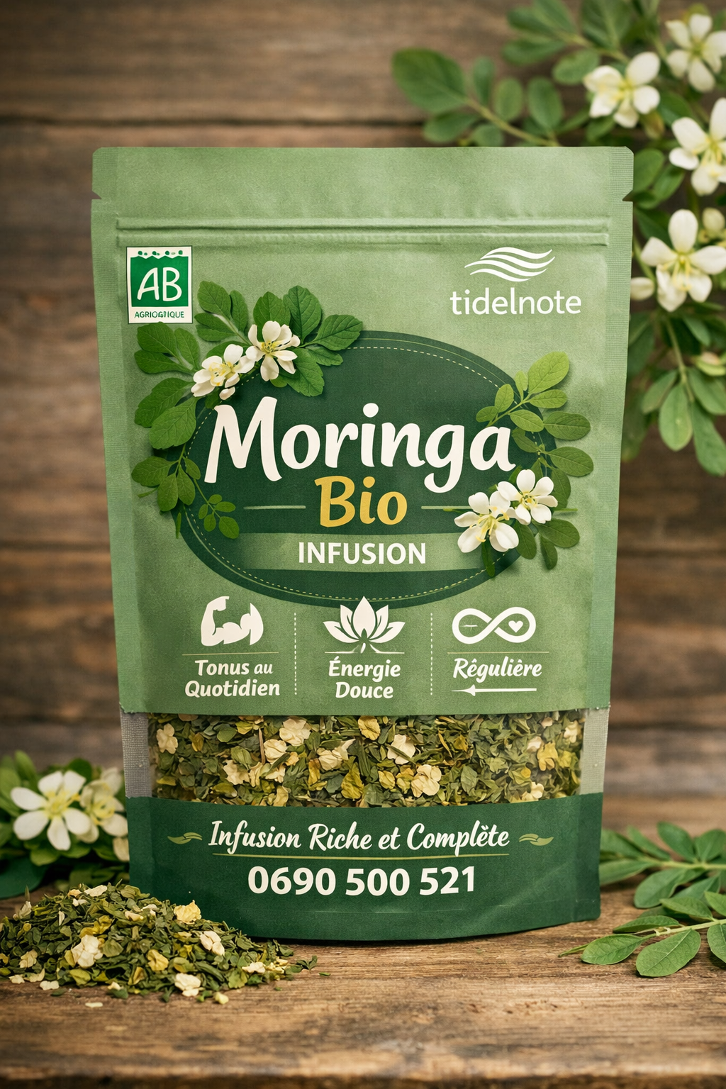 Feuilles et fleurs de moringa bio séchées